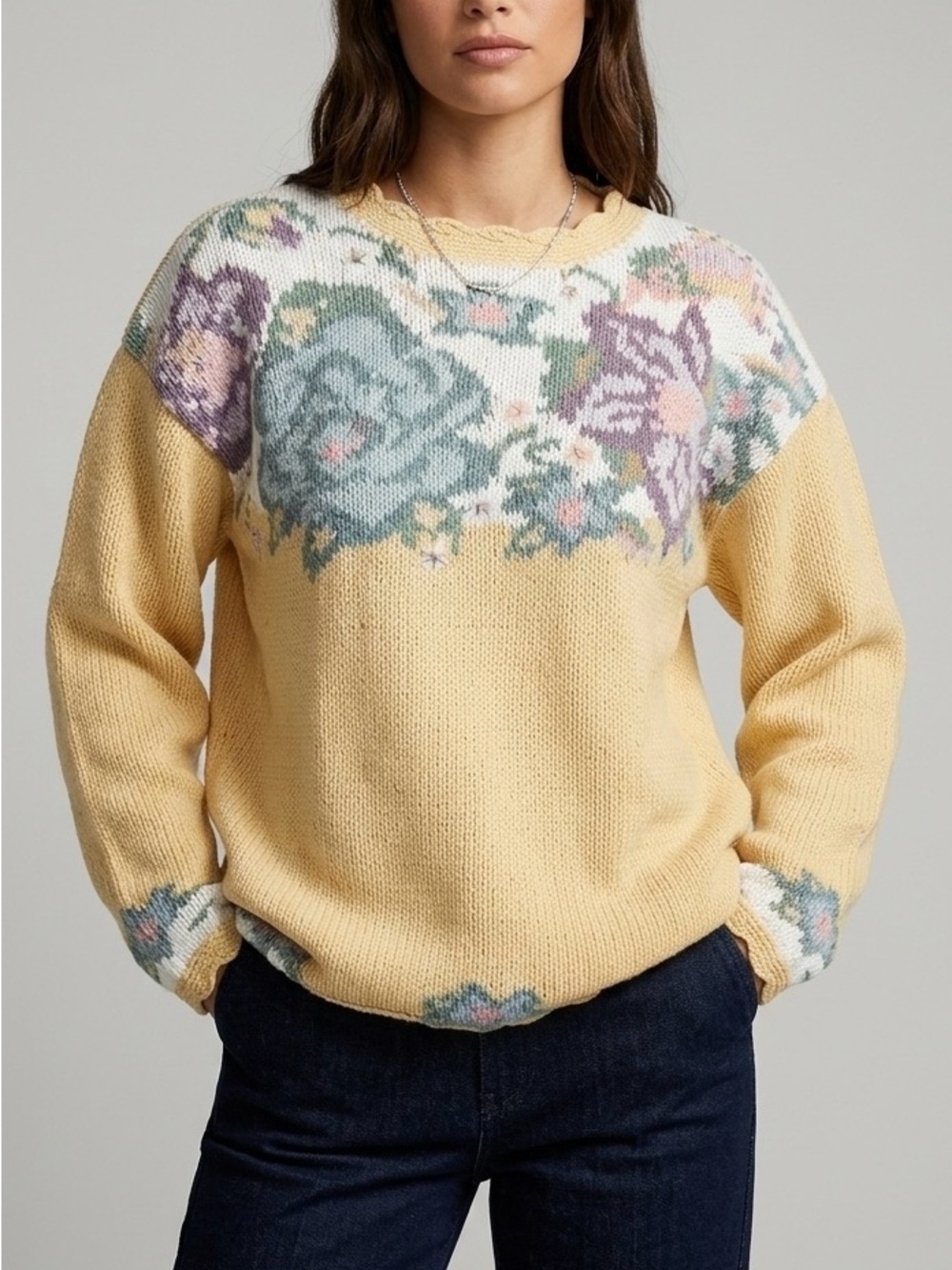 Karen Scott Hand Knits Floral Sweater Size S Pastel Cottagecore Folk Pullover